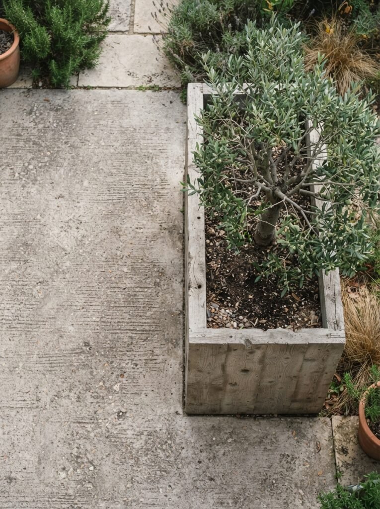 Concrete patio idea with broom finish and board-form planter