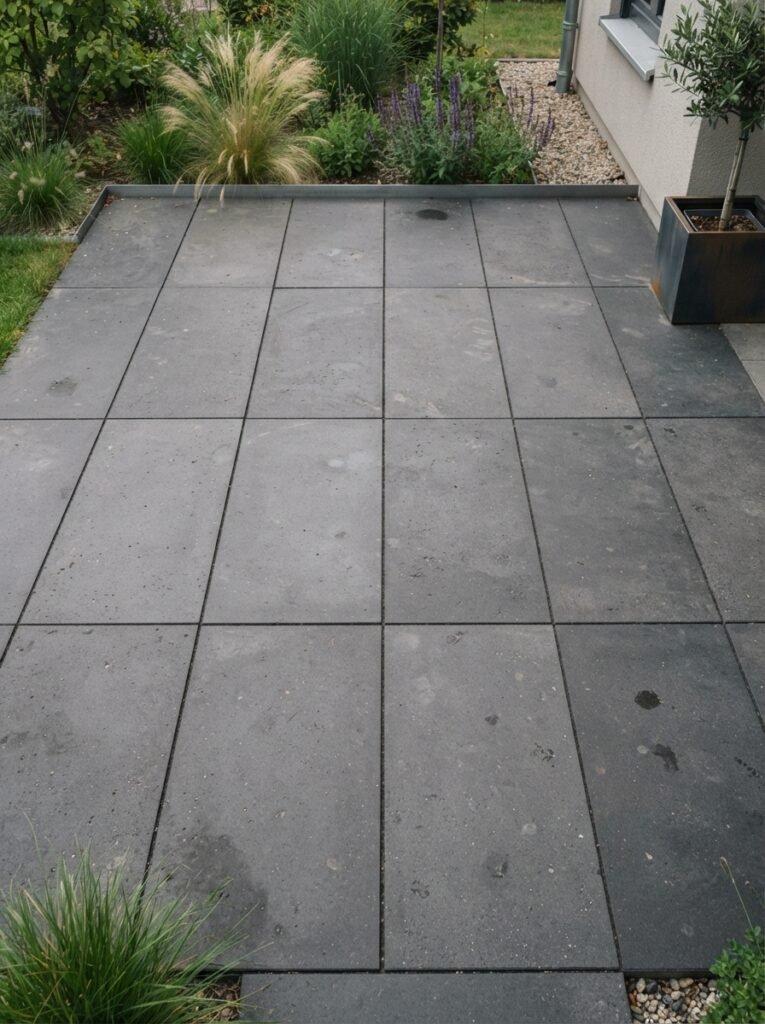 Concrete paver patio idea with large-format modern slabs