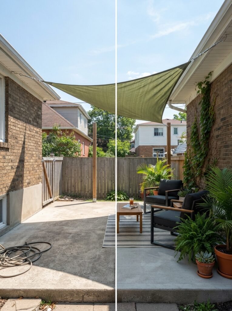 Before and after transformation of an unshaded concrete patio using a custom UV shade sail.