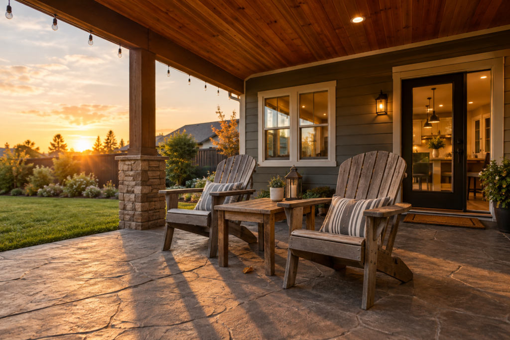 Covered patio attached to house with cedar ceiling at golden hour