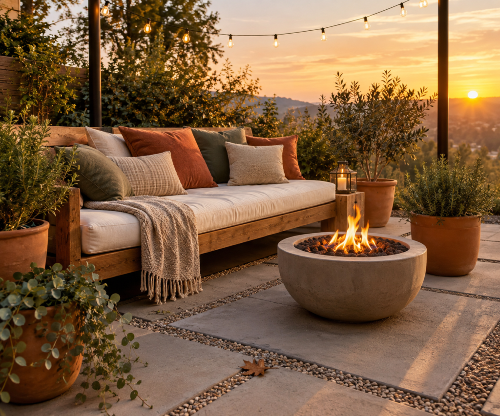 Cozy DIY patio decor ideas featuring outdoor seating, string lights, and planters