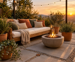 Cozy DIY patio decor ideas featuring outdoor seating, string lights, and planters