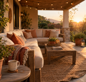 Cozy attached covered patio ideas with teak sectional, linen textiles, and string lighting at golden hour