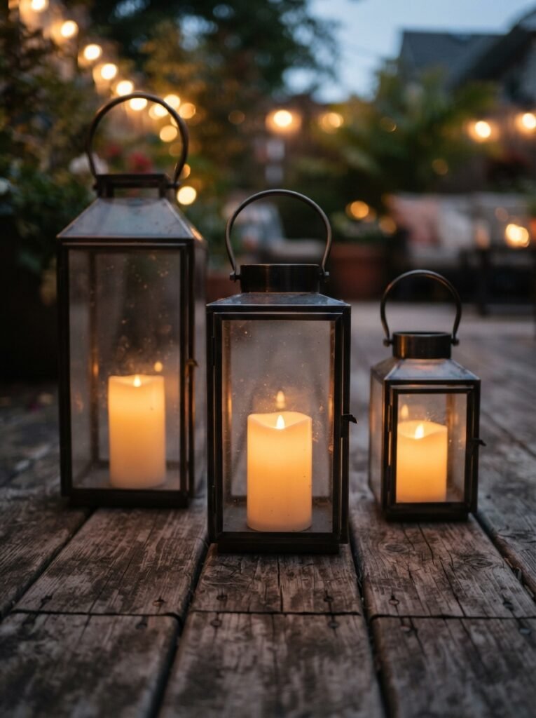 Cozy patio decor idea with dollar-store lantern trio and flameless candles