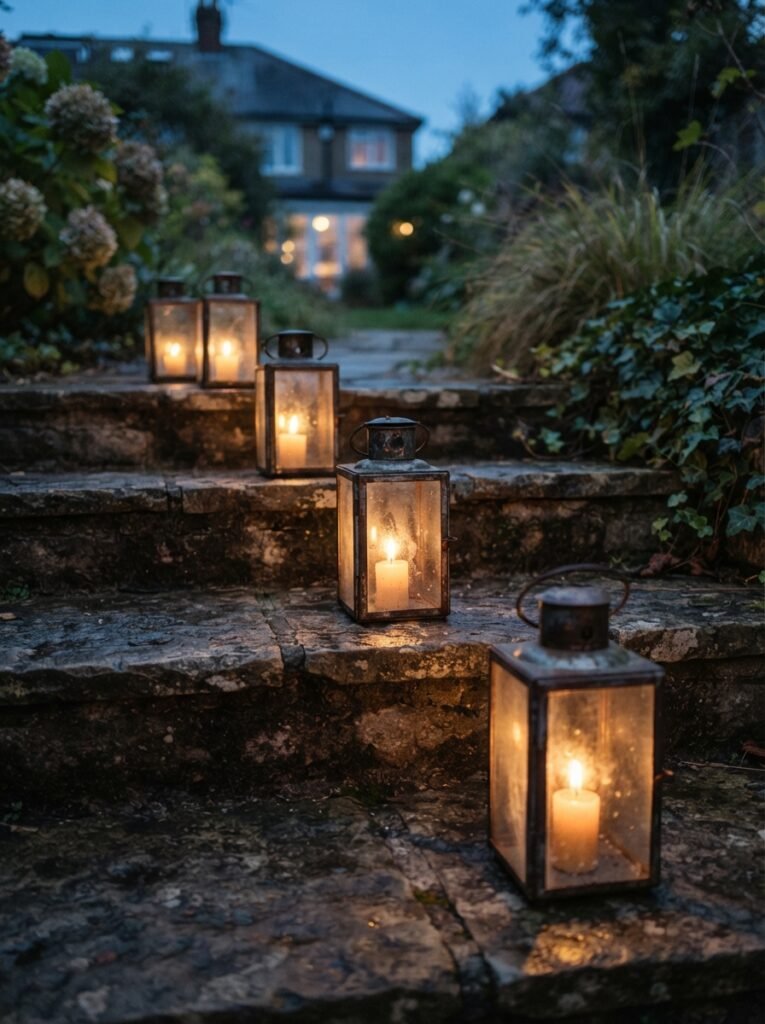 Cozy Patio Decor Ideas with layered lantern cluster along steps