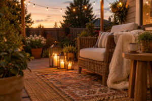 Cozy patio decor idea with layered rugs, string lights, and warm lantern glow at dusk