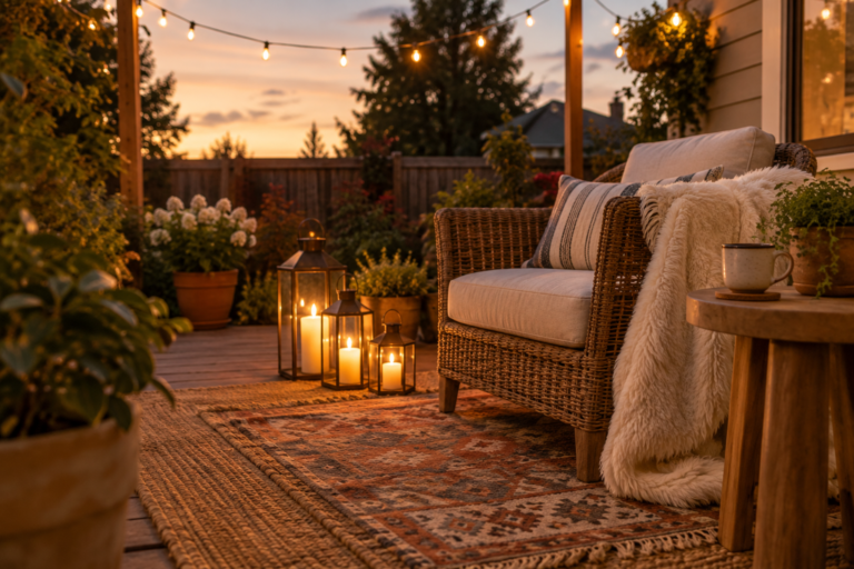 Cozy patio decor idea with layered rugs, string lights, and warm lantern glow at dusk