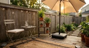 Cozy patio idea for renters with foldable furniture, clip-on lights, and no drilling required