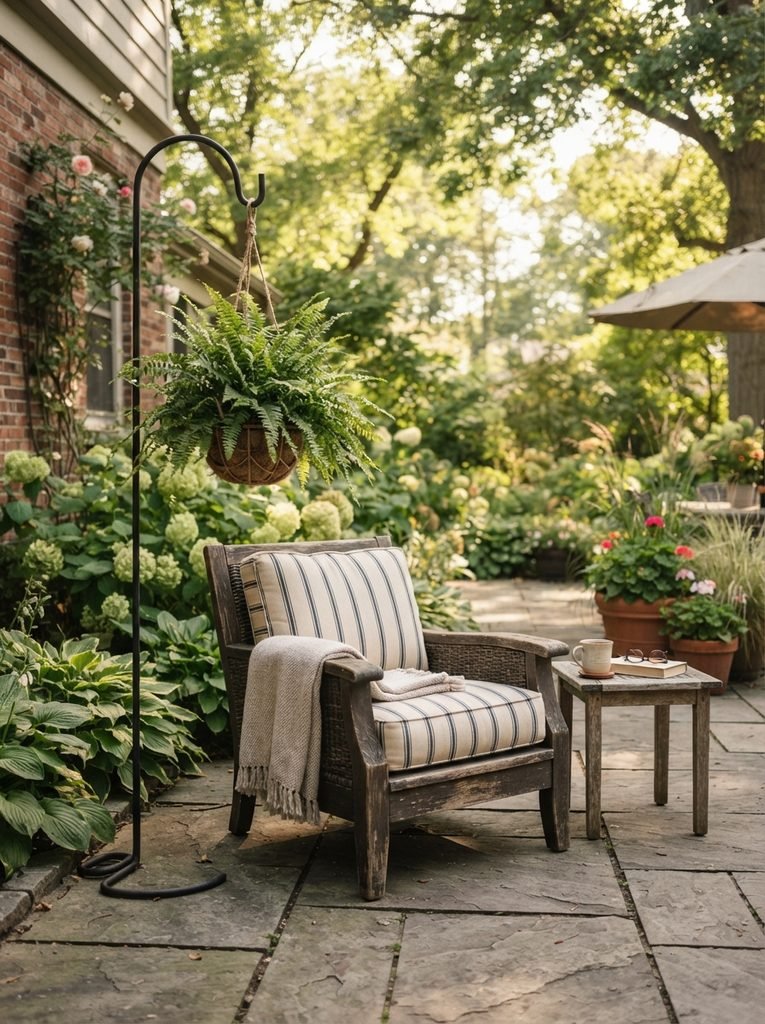 Cozy patio ideas for renters with freestanding hanging plant hook