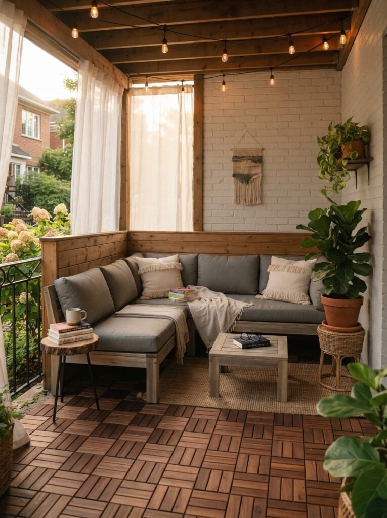 Low-profile DIY wooden sectional with gray cushions on a covered townhouse patio.