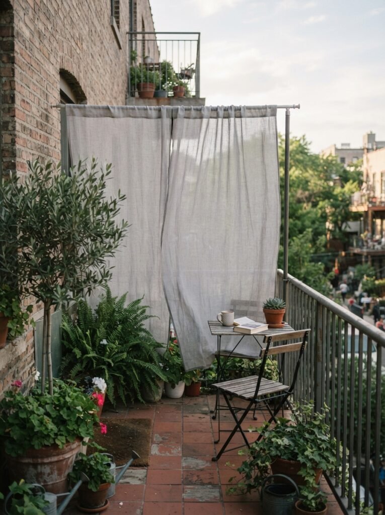 Cozy patio idea for renters with no-drill tension-rod privacy curtain