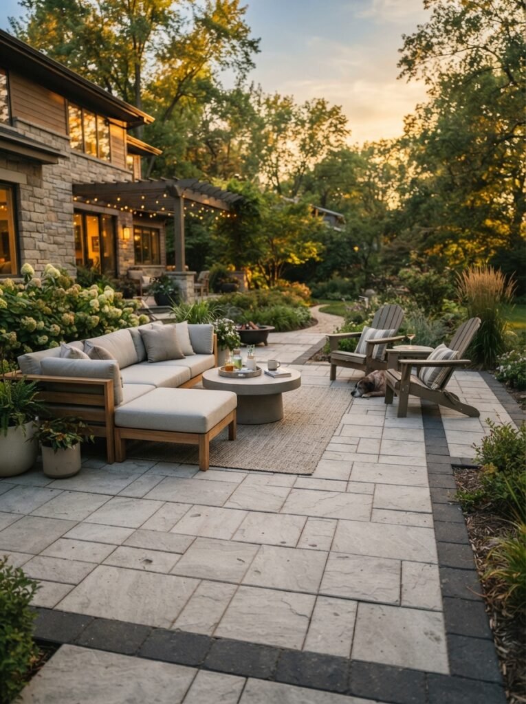Curved paver patio design idea with planting pockets