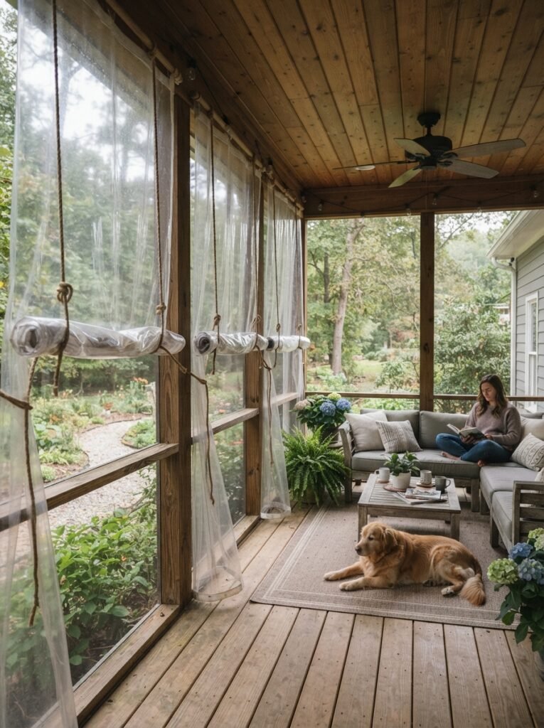 DIY budget enclosed patio idea with clear vinyl curtain panels