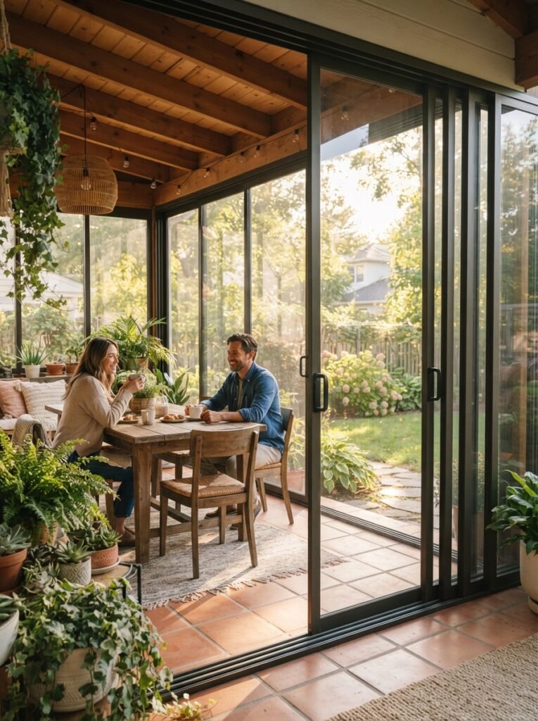 DIY budget enclosed patio idea with sliding acrylic panel system