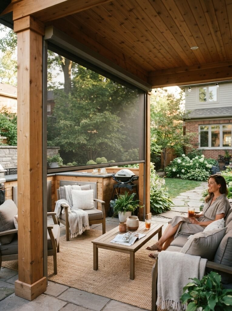 DIY enclosed patio idea with cedar frame and retractable screen mesh