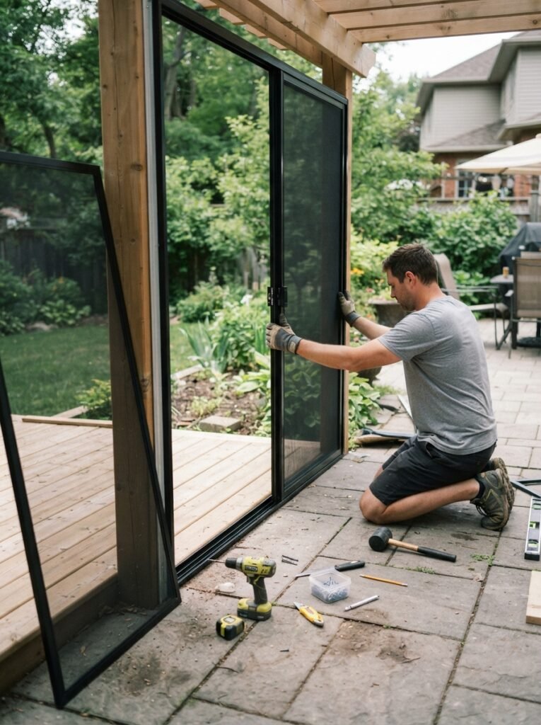 DIY enclosed patio idea with snap-in aluminum screen panel kit