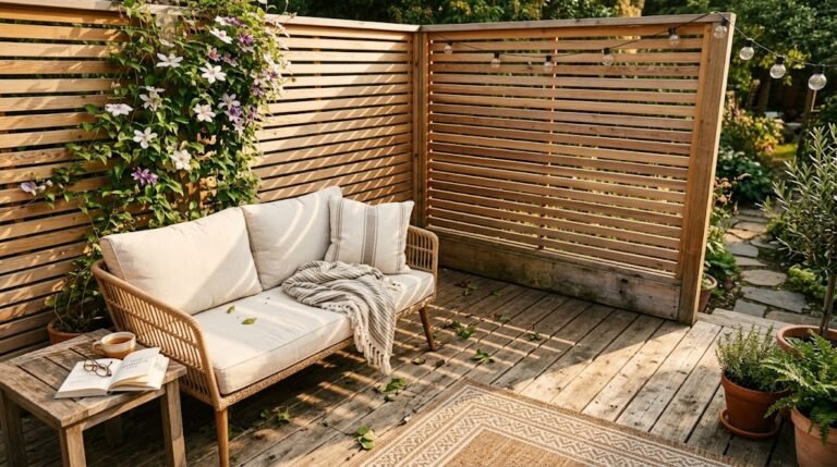 DIY patio privacy screen idea with cedar slat panel and flowering climbing vine