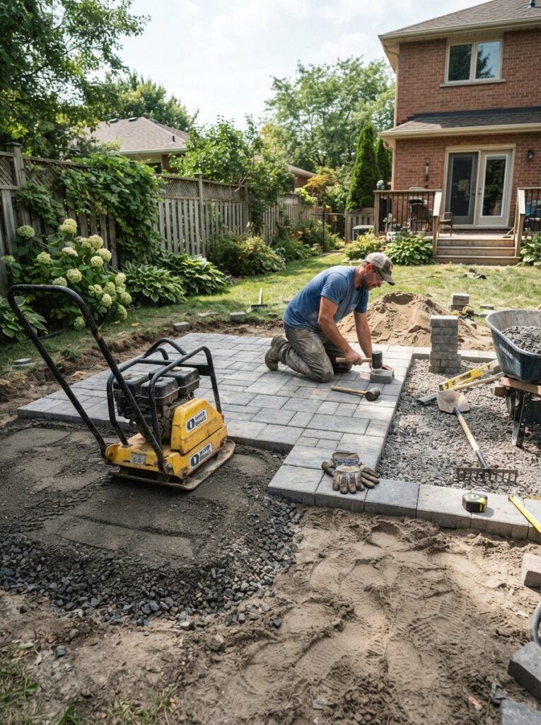 DIY paver patio installation showing base compaction step