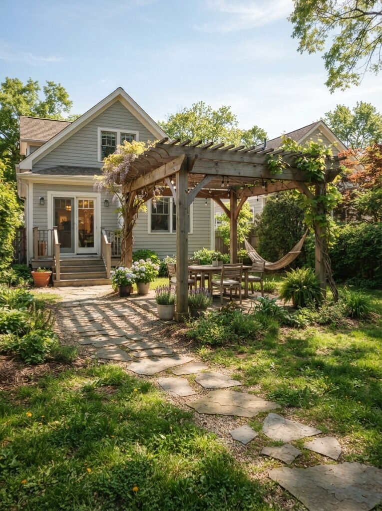 Detached covered patio ideas with stepping stone path from house