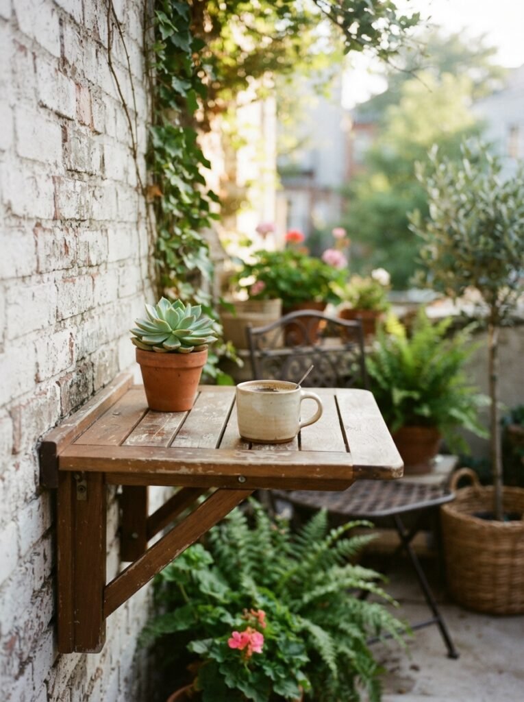 Small patio furniture idea for apartments with wall-mounted drop-leaf table