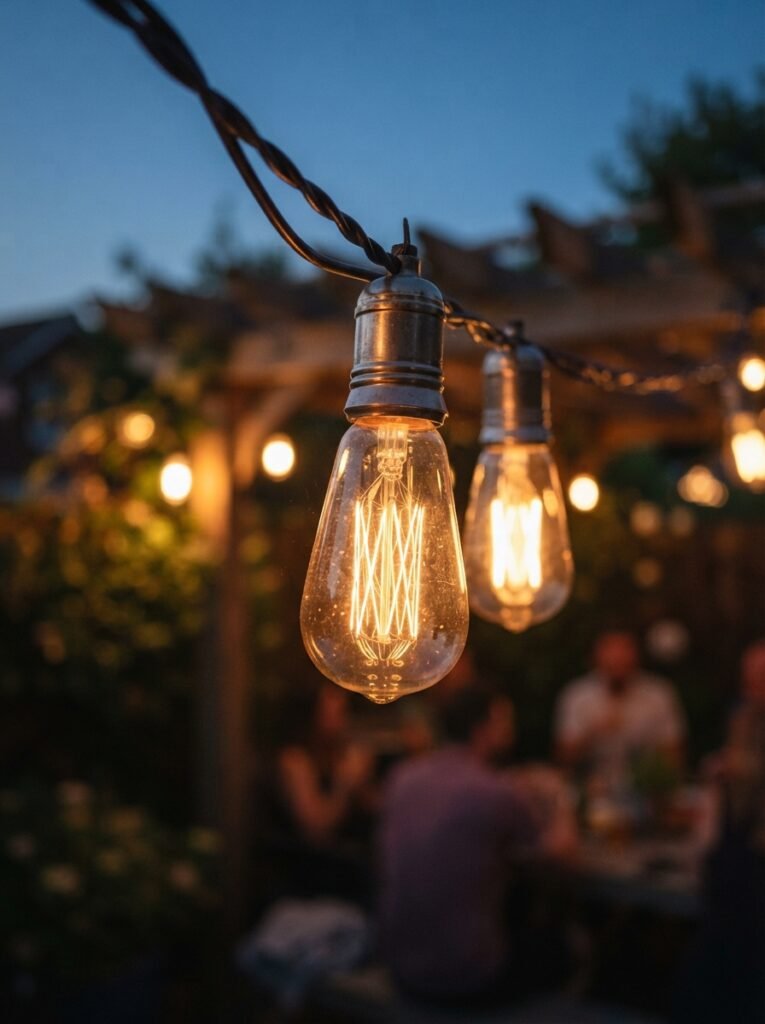 Patio string light idea with warm festoon Edison-style bulbs