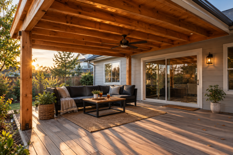 Enclosed patio idea with full-height sliding glass wall and warm interior seating