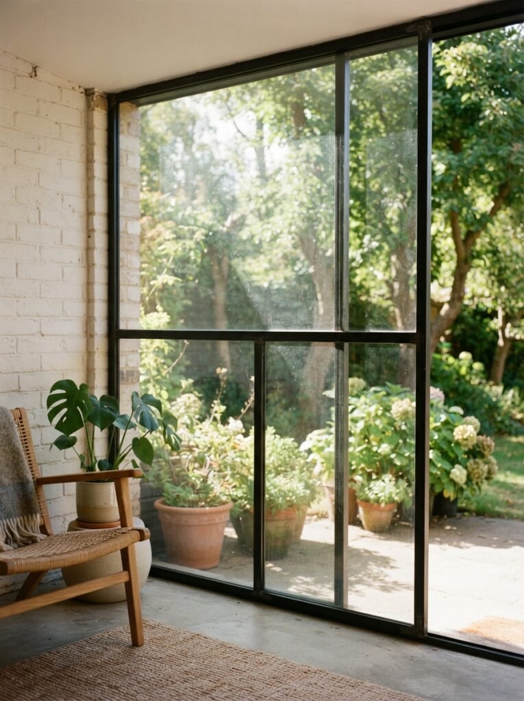 Enclosed patio idea with windows using fixed steel-framed glass wall