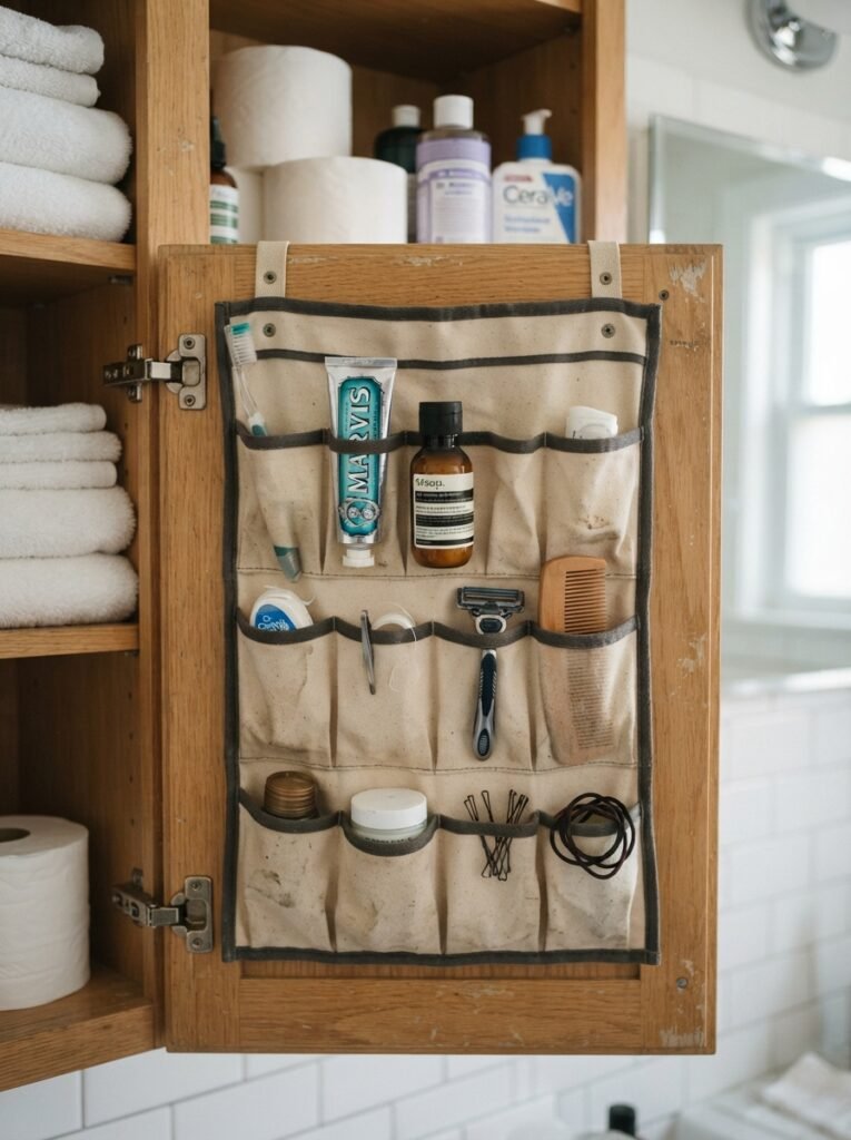  IKEA hack small bathroom storage idea with cabinet door organizers
