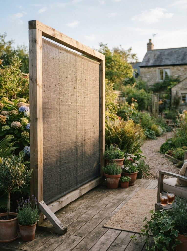 DIY outdoor privacy panel idea with fabric screen on wood frame
