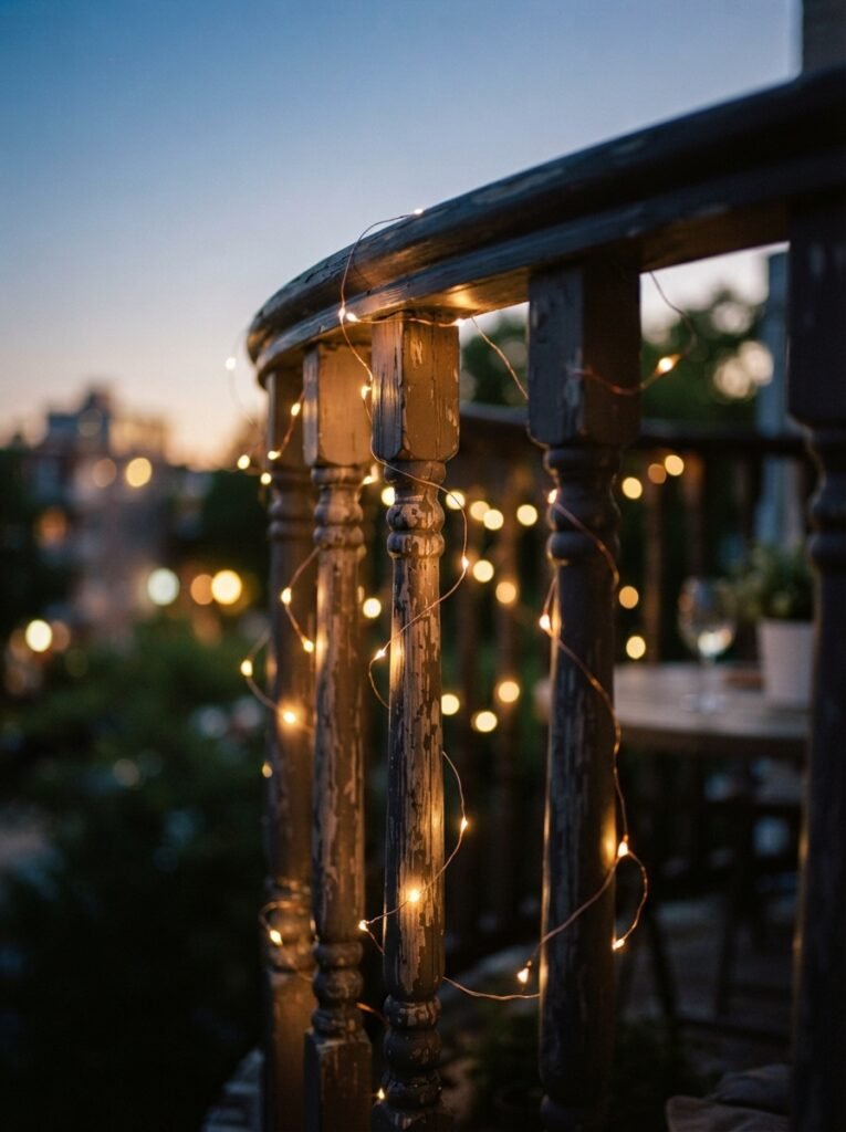 Patio string light idea with railing spindle wrap