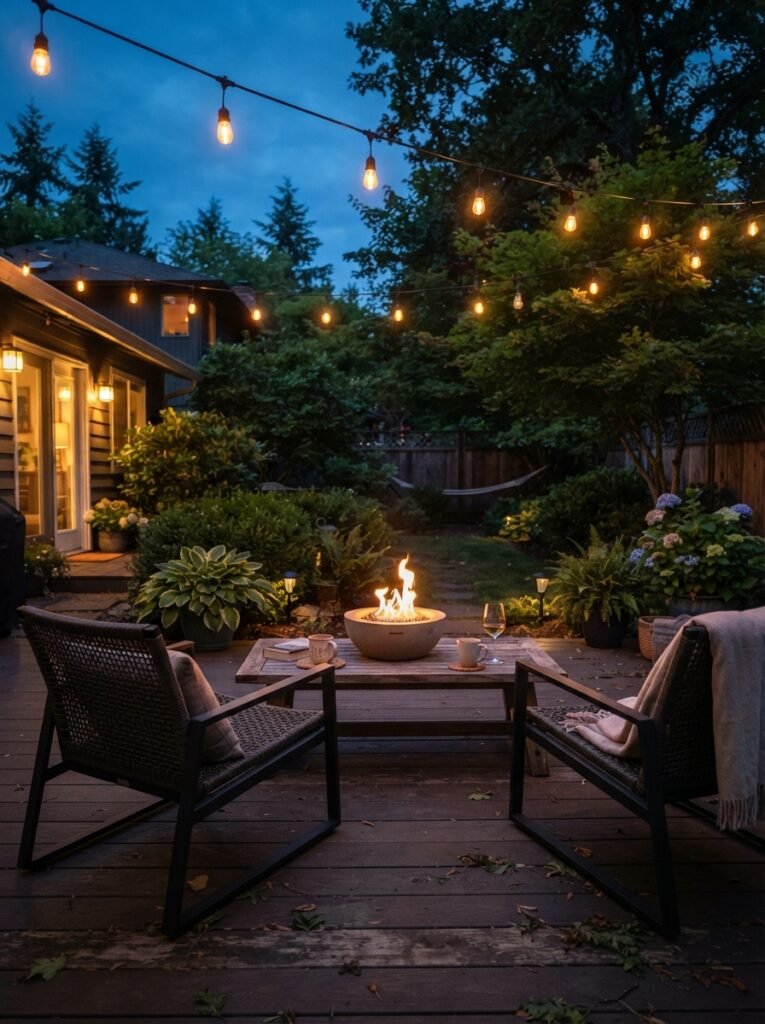 Fall cozy patio decor idea with amber string lights and tabletop fire bowl
