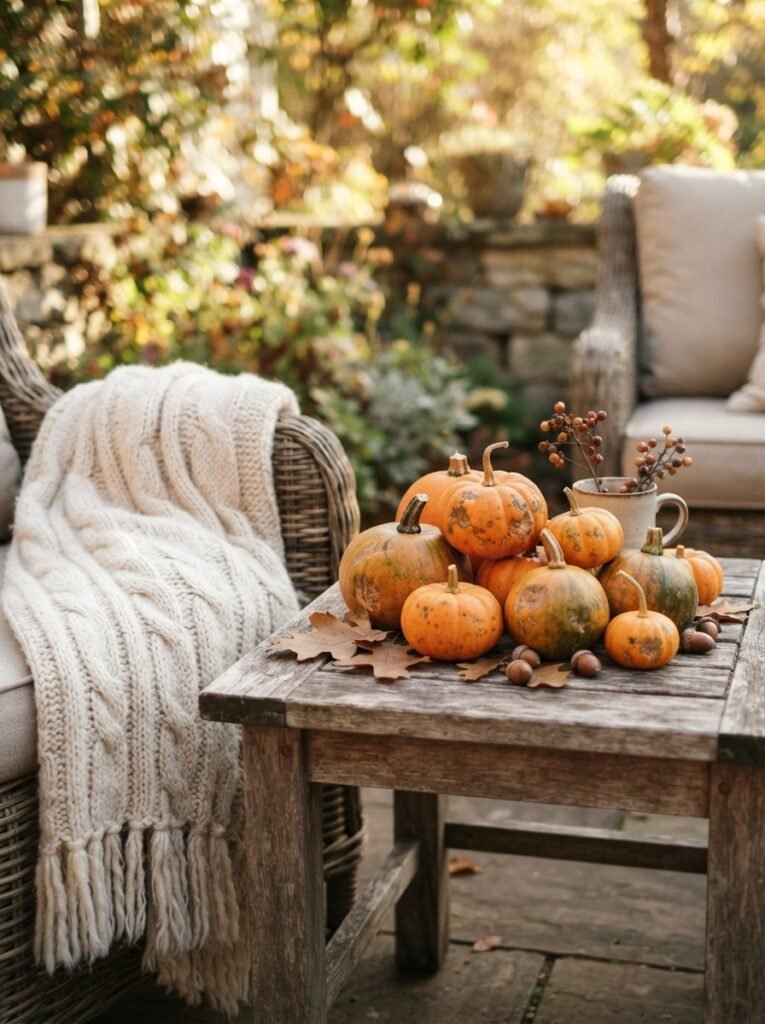 Fall cozy patio decor idea with mini pumpkins and chunky knit throw