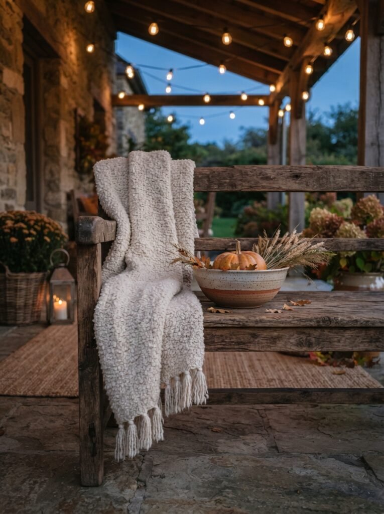 Fall seasonal textile swap idea for covered patio