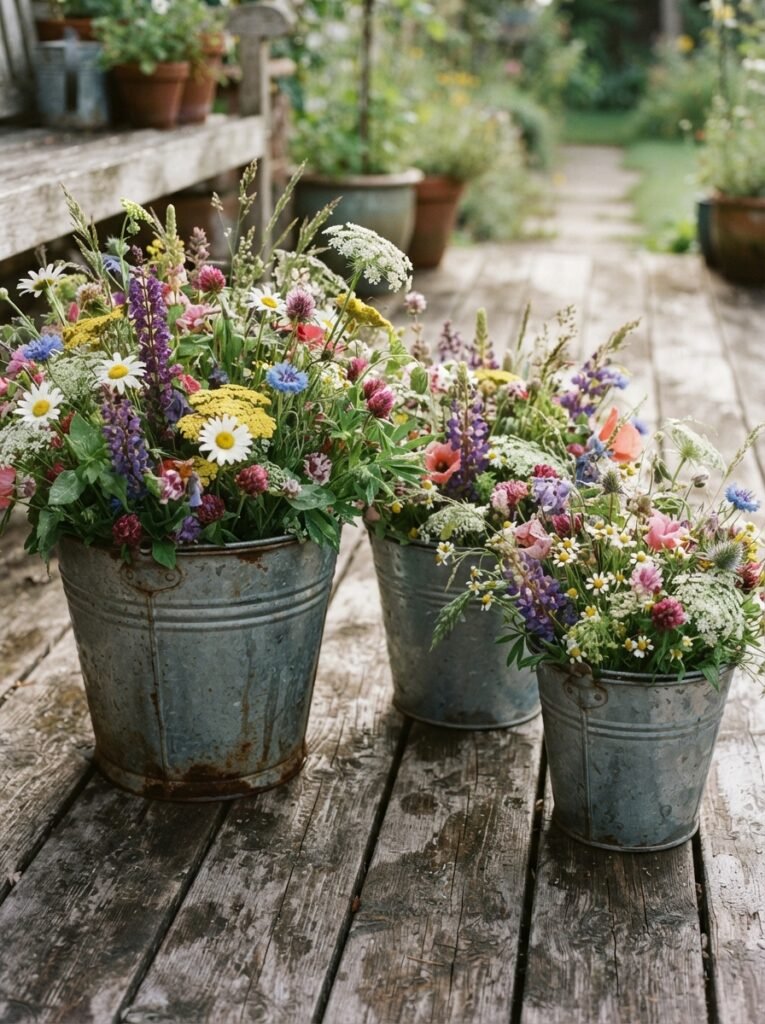 Farmhouse cozy patio decor idea with galvanized bucket planters and wildflowers