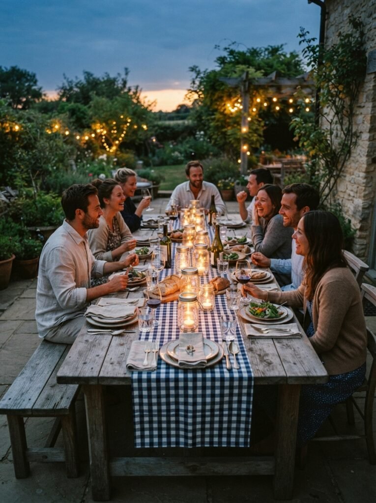  Farmhouse cozy patio decor idea with gingham runner and mason jar lanterns