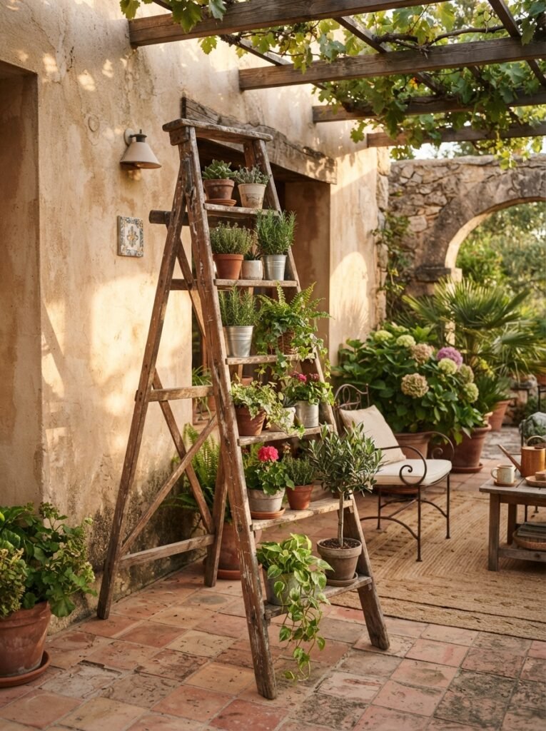 Farmhouse cozy patio decor idea with vintage ladder plant shelf