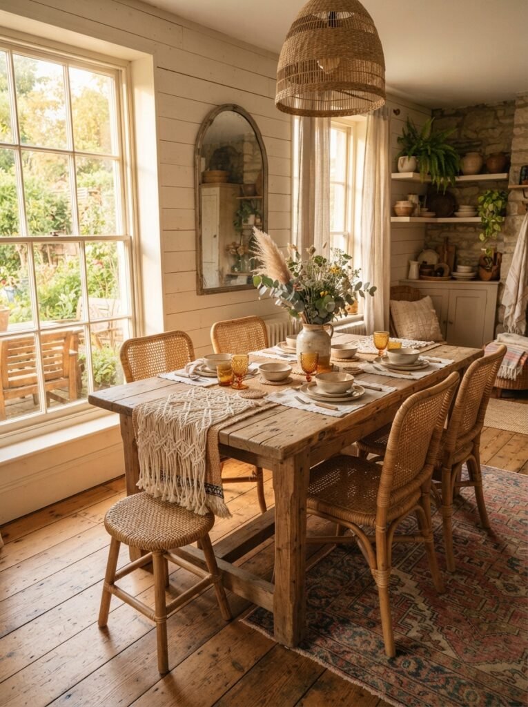 Farmhouse boho decor idea with reclaimed wood table and rattan chairs