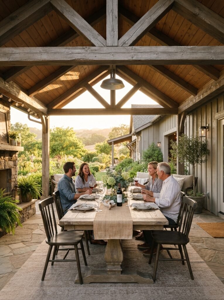 Farmhouse covered patio attached to house with truss beams