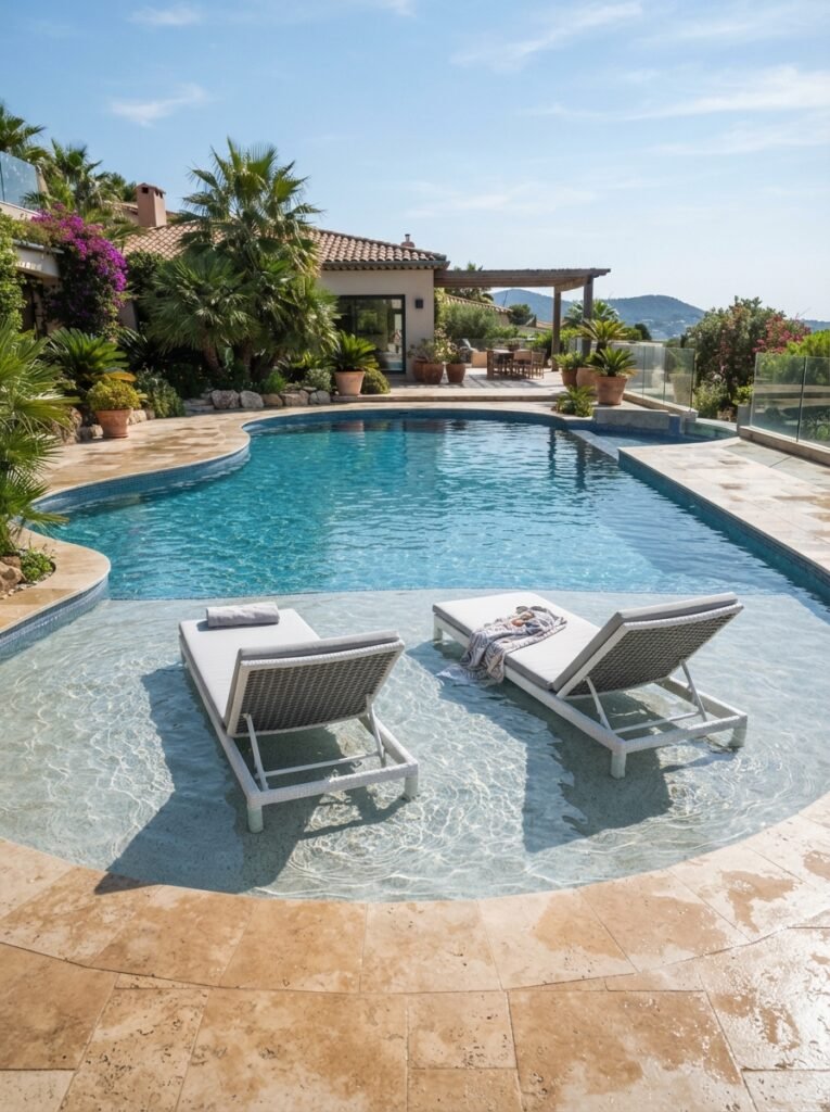 Inground backyard pool idea with fiberglass tanning ledge
