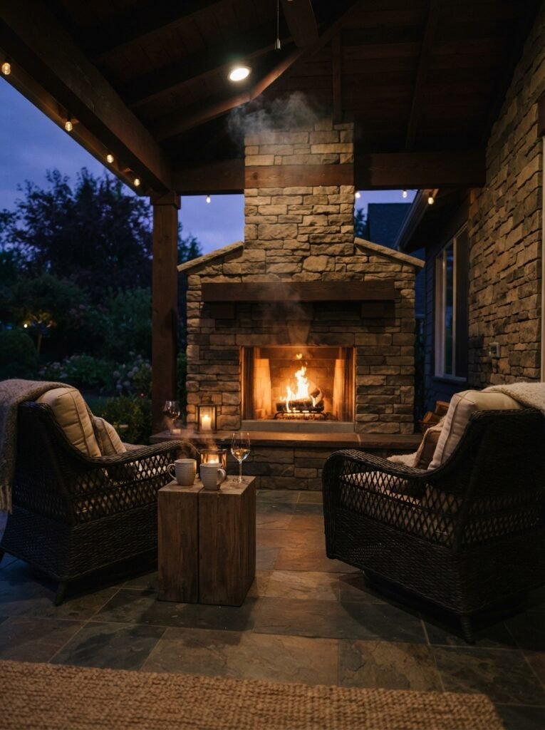 Covered patio attached to house with outdoor fireplace at dusk