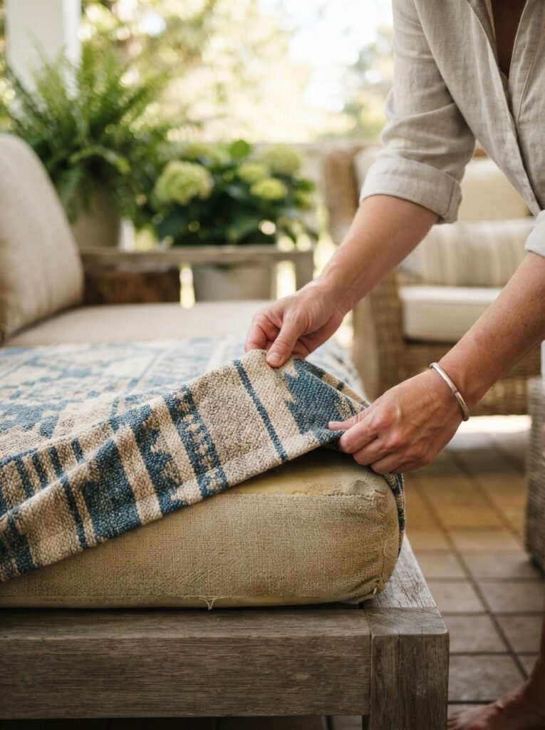 Budget patio makeover step with no-sew cushion covers