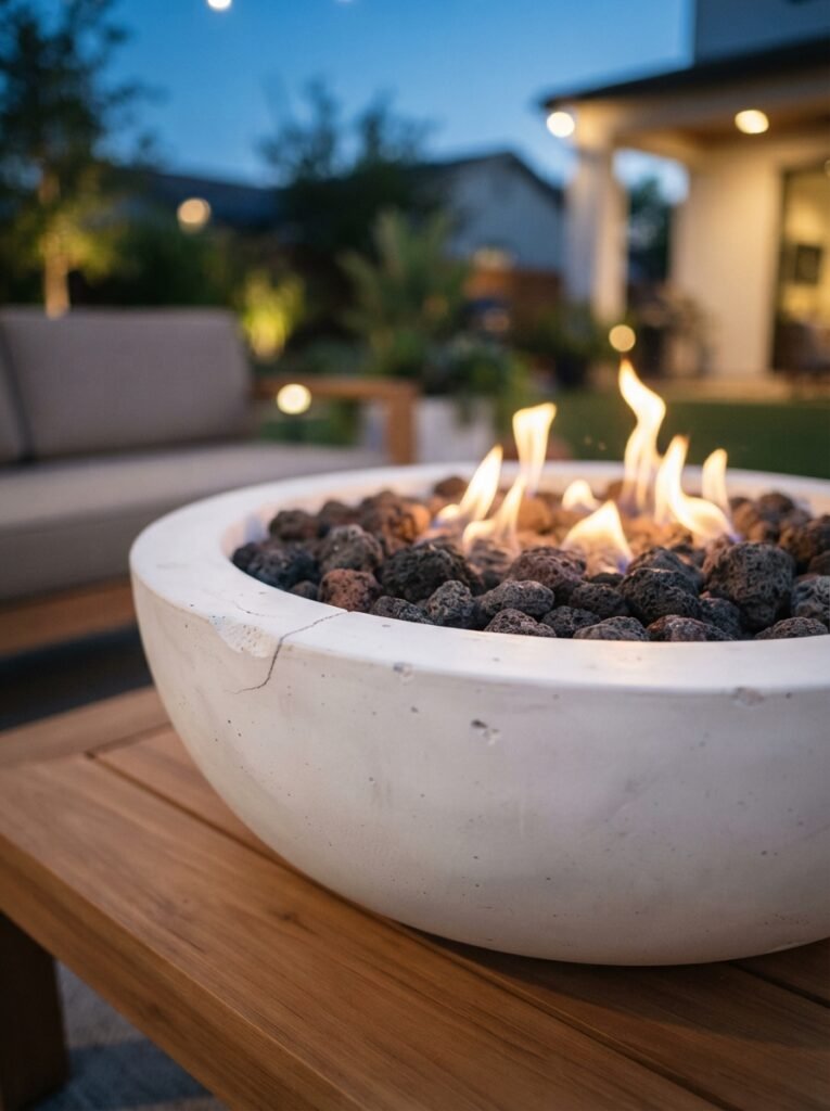 Tabletop DIY concrete fire bowl with dark lava rocks and gentle dancing flame.