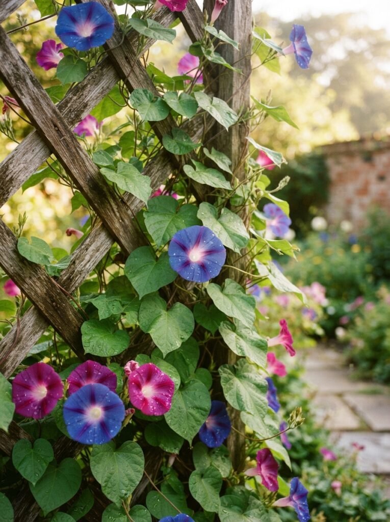 Cheap privacy fence idea with trellis and fast-growing annual vines