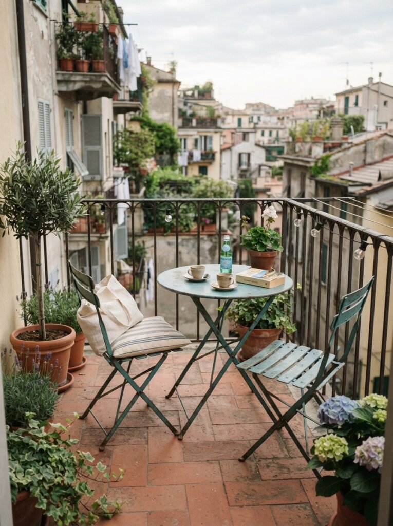 Cozy patio idea for renters with fold-flat bistro furniture
