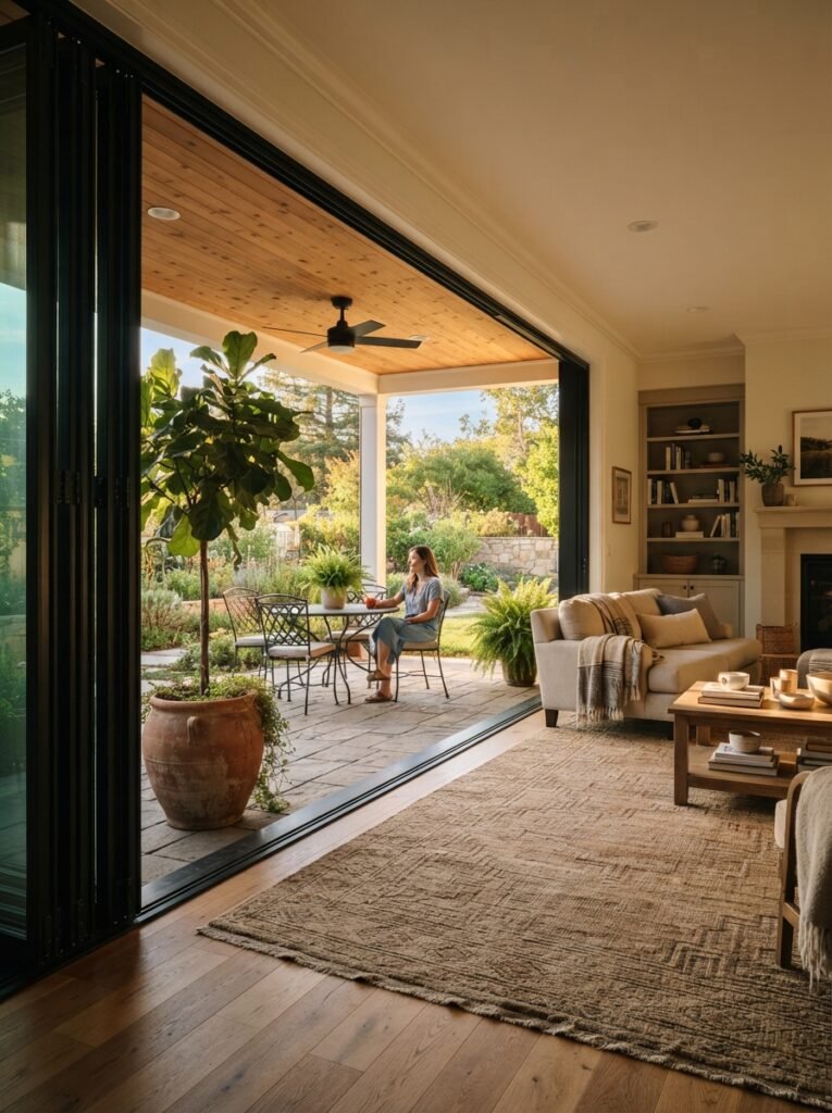 Outdoor covered patio attached to house with glass door wall