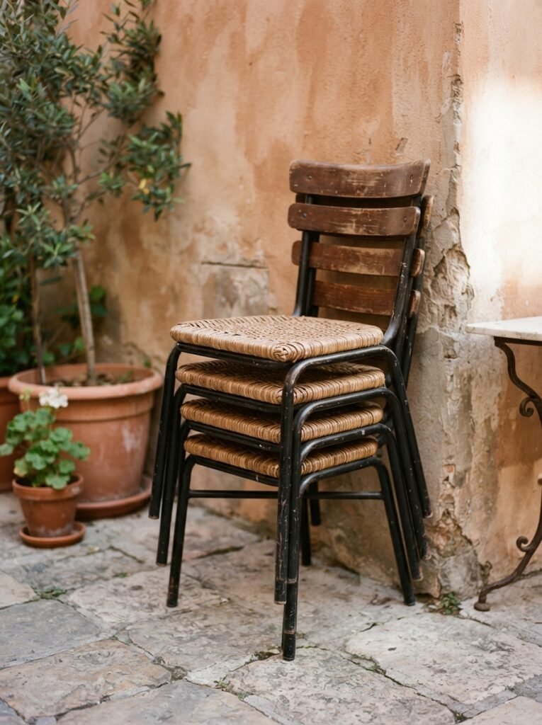  Small patio furniture idea for apartments with stackable café chairs