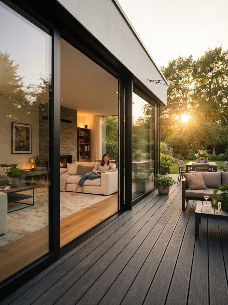 Glass enclosed patio idea with full-height sliding glass wall