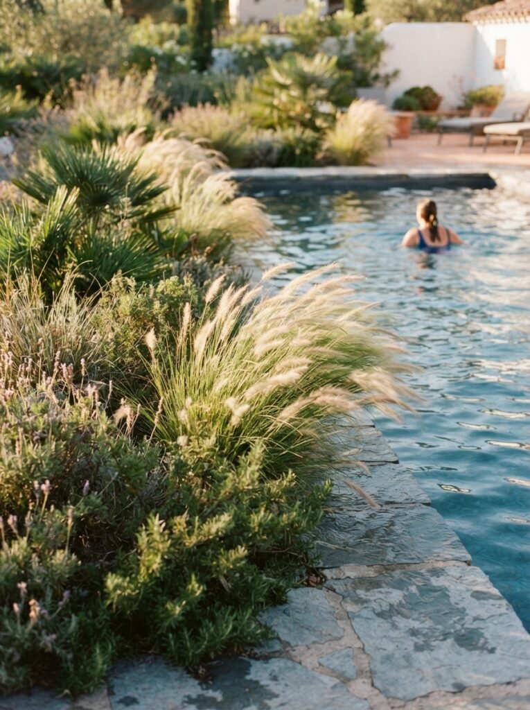 Backyard pool landscaping idea on a budget with ornamental grasses
