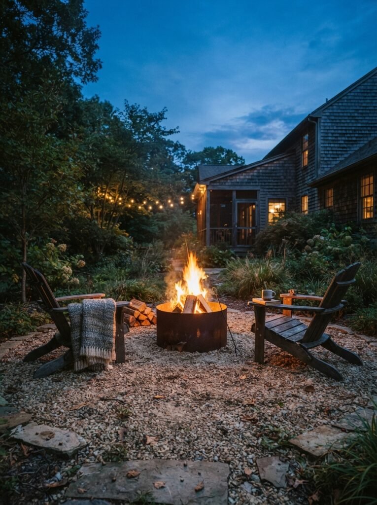 Gravel patio idea with fire pit lounge seating at dusk