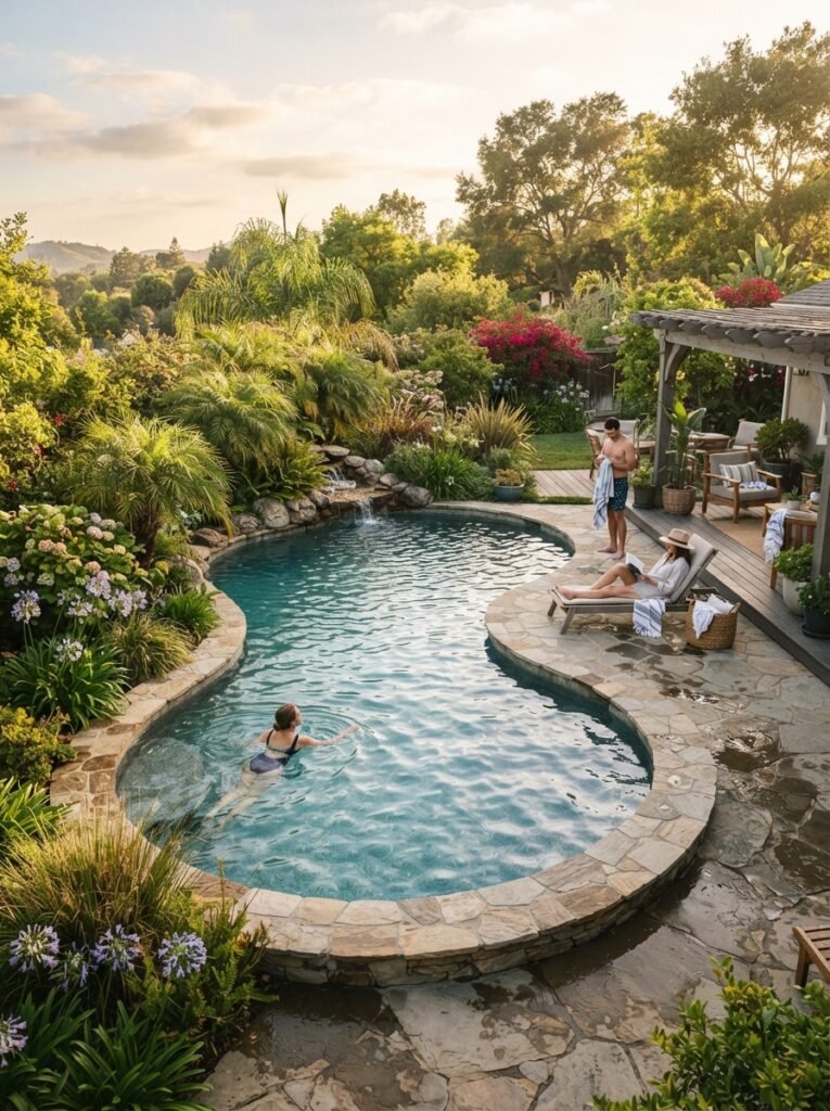Inground backyard pool idea with freeform gunite design and rock edging